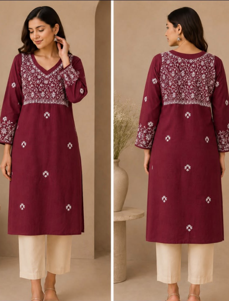 Semi-Stitched Khadi Cotton Kurti with Pretty Chikankari